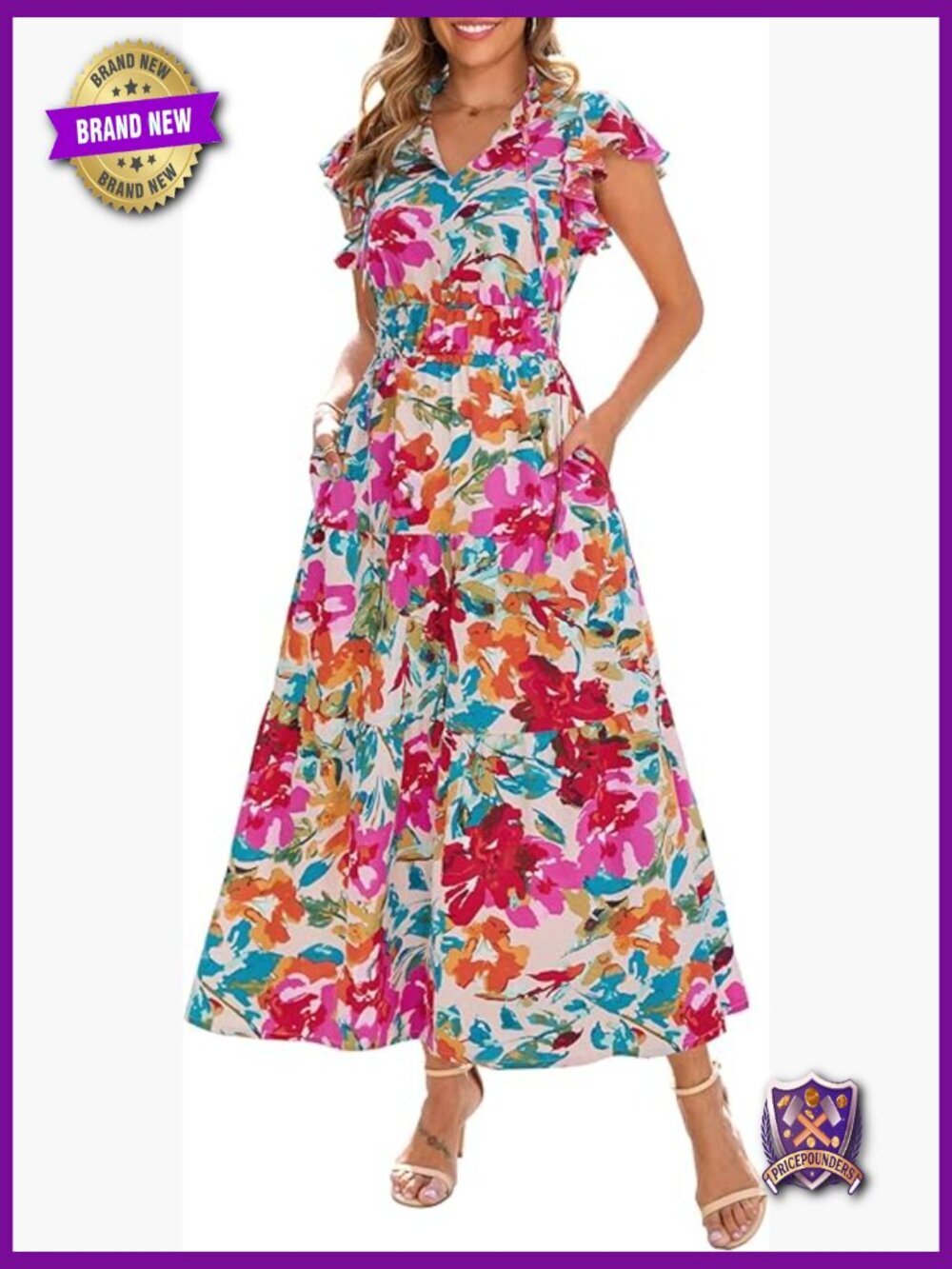 Self-Tie V Neck Maxi Dress with Pockets Tiered Boho Casual